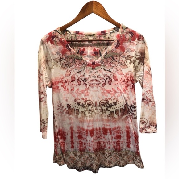 One World Medium White Pink Brown Floral Blouse 3/4 Sleeves V-Neck Studded - Picture 1 of 5